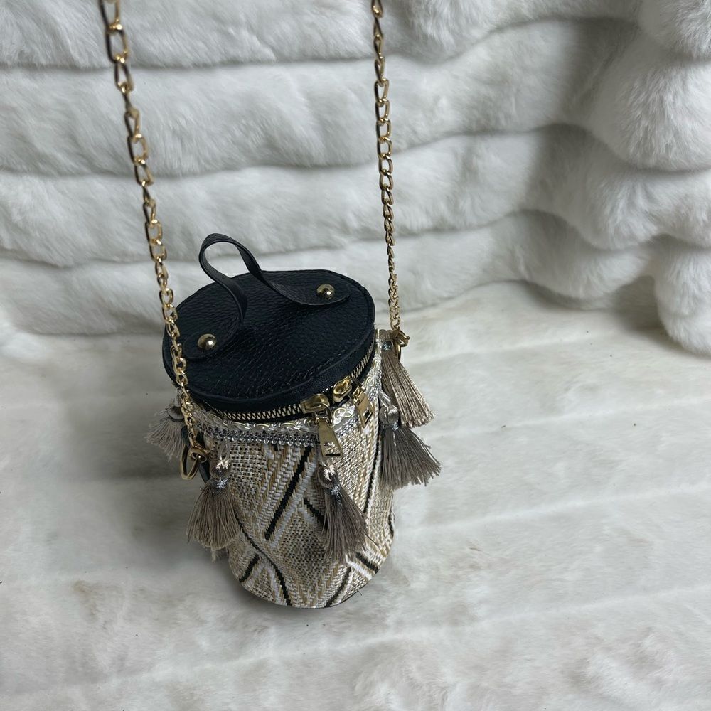 Mini tassels bucket bag beige ,brown and black with gold tone chain strap